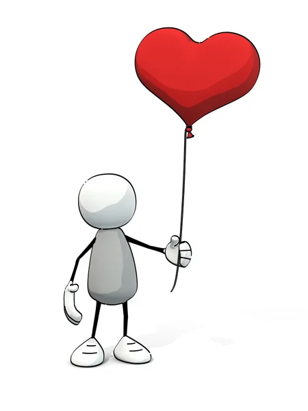 Pequeno homem esboçado com balão em forma de coração — Fotografia de Stock