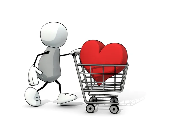 Little sketchy man with shopping cart with red heart — Stock Photo, Image