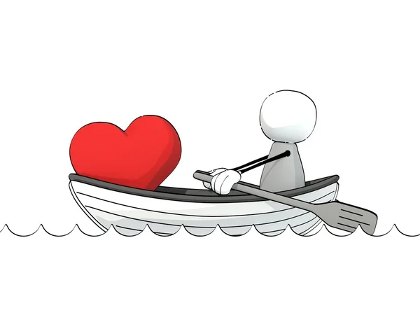 Pequeno homem esboçado em um barco a remos com um grande coração vermelho — Fotografia de Stock
