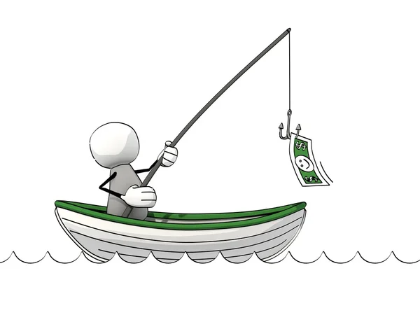 Маленький странный человек в лодке ловит рыбу за деньги. — стоковое фото