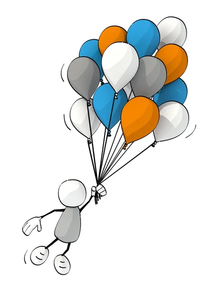 Kleiner skizzenhafter Mann fliegt mit einem Haufen Luftballons — Stockfoto