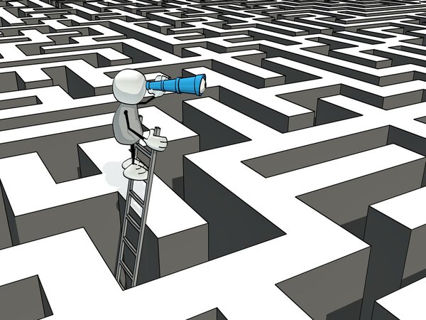 Little sketchy man with ladder and telescope in a maze