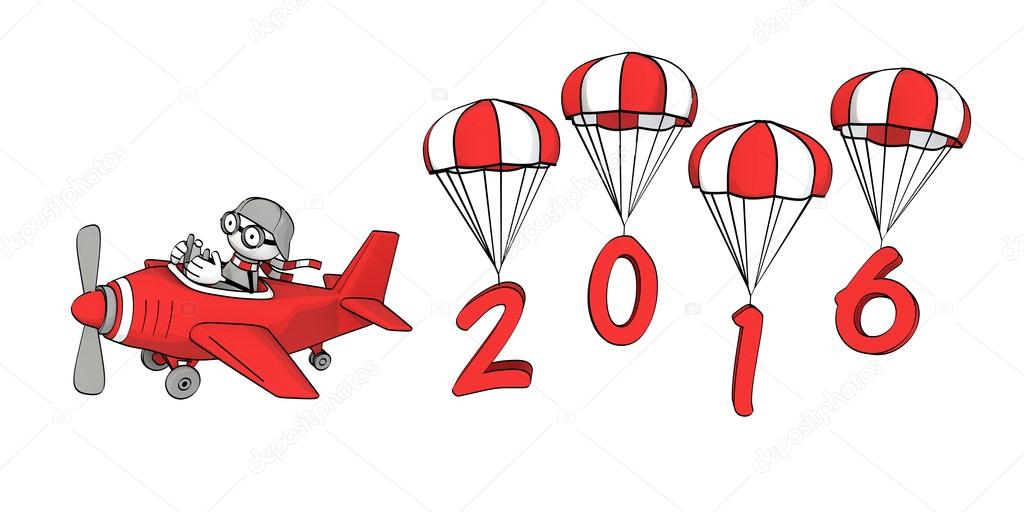 Little sketchy man flying in a red plane and the year 2016 on parachutes