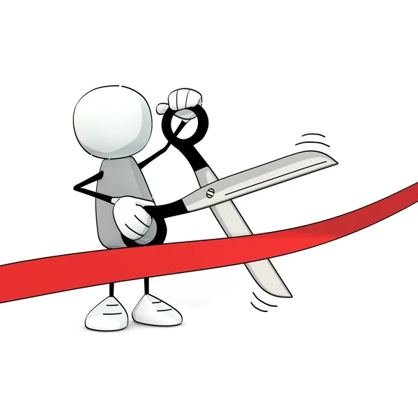 Pequeño hombre incompleto cortando una cinta roja con tijeras — Foto de Stock