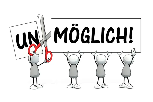 Little sketchy man  with scissors cutting "un" and "möglich" — Stock fotografie