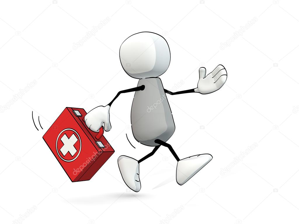 Little sketchy man hurrying with first aid box