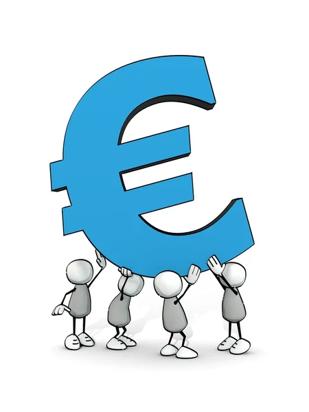 Pequenos homens esboçados carregando um grande símbolo azul do euro — Fotografia de Stock