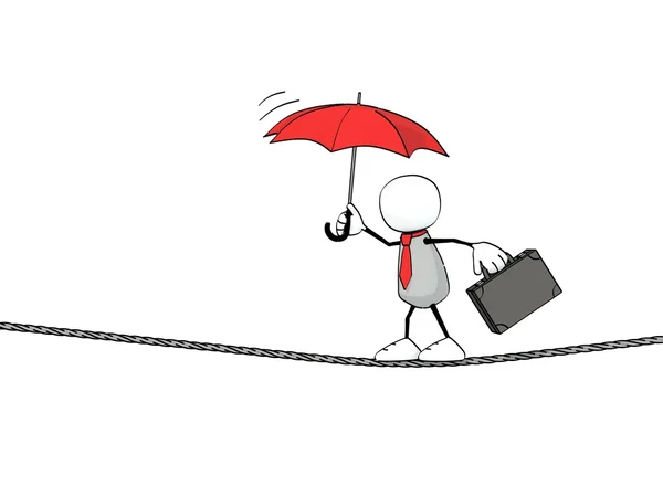 Kis vázlatos ember egy kötélen kiegyensúlyozó nyakkendő, a táska és a piros esernyő — Stock Fotó