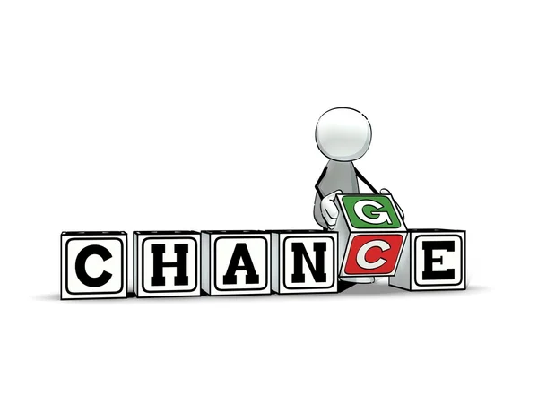 Little sketchy man with toy blocks: chance - change — Stock Photo, Image