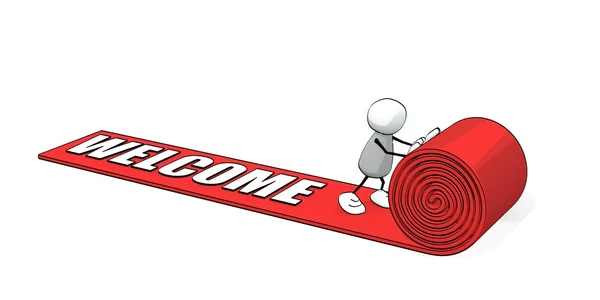 Little sketchy man rolling out a red carpet - welcome — Stock Photo, Image