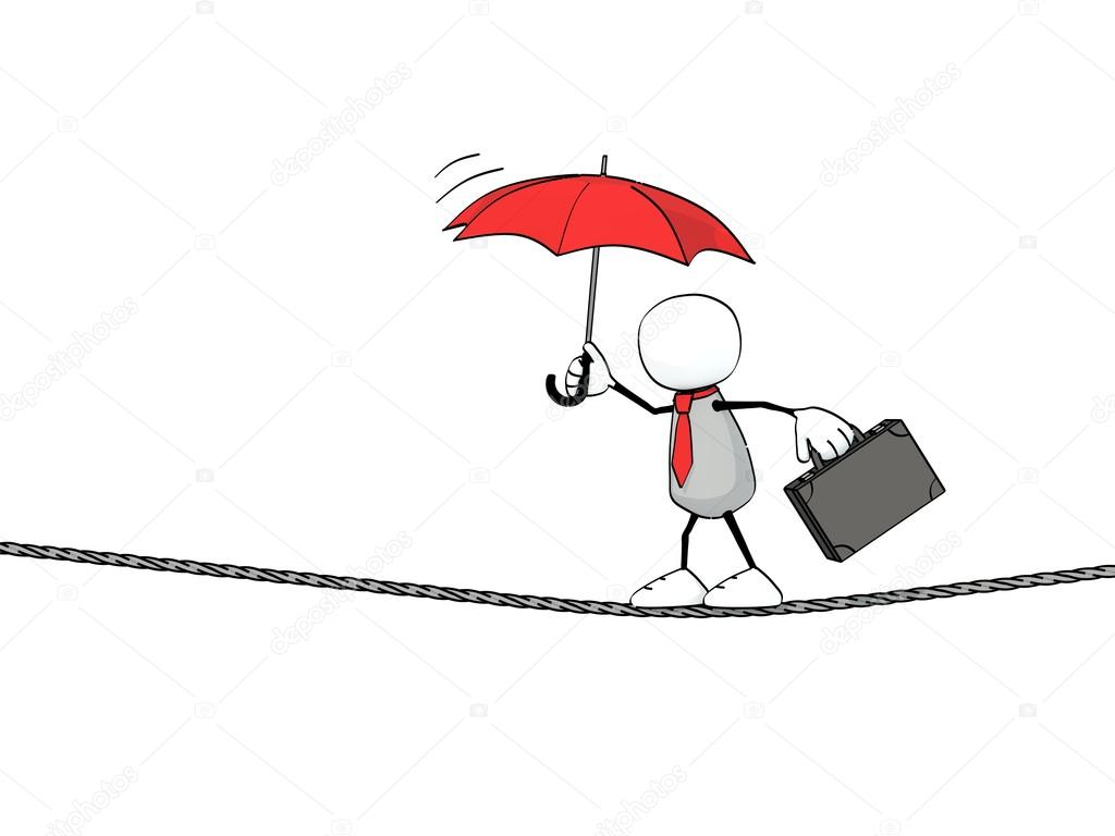 Little sketchy man with tie, briefcase and red umbrella balancing on a rope