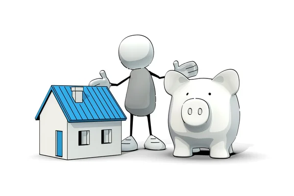 Little sketchy man with blue house and piggy bank — Stock Photo, Image