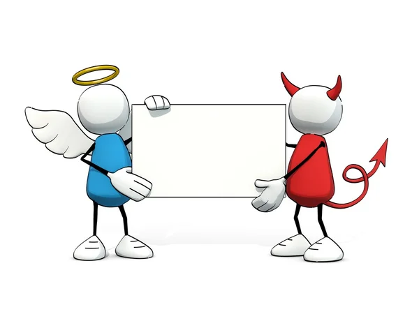 Little sketchy man - angel and devil with blank card — Stock Photo, Image