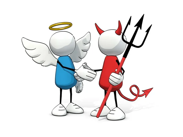 Kleiner skizzenhafter Mann - Engel und Teufel beim Händeschütteln — Stockfoto