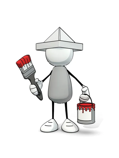 Little sketchy man with brush and paint bucket — Stock Photo, Image
