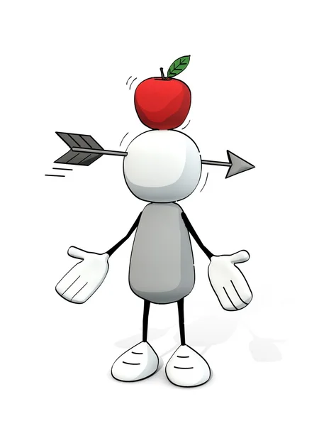Kleiner skizzenhafter Mann - verpasster Apfel auf dem Kopf — Stockfoto