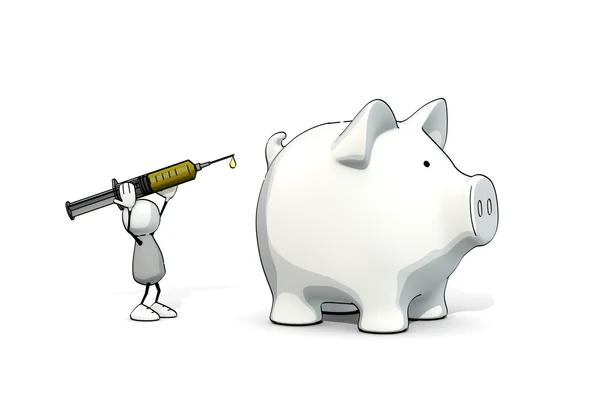 Little sketchy man giving an injection to a big piggy bank — Stock Photo, Image