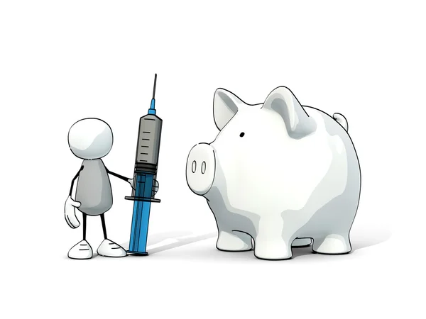 Little sketchy man with syringe and piggy bank — Stock Photo, Image