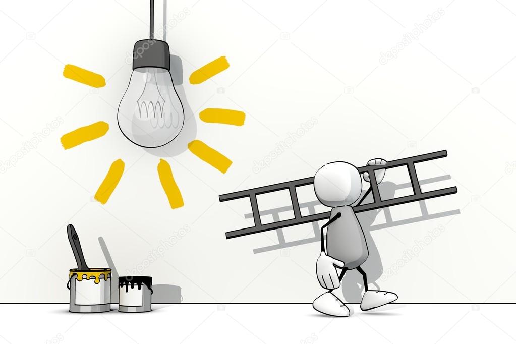 little sketchy man with ladder - painted beams for light bulb