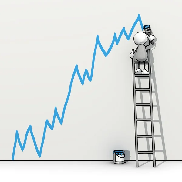 Little sketchy man with ladder painting a positive chart on a wall — Stock Photo, Image