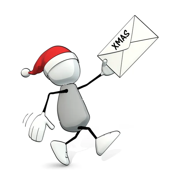 Little sketchy man with santa hat hurrying with a letter — Stock Photo, Image