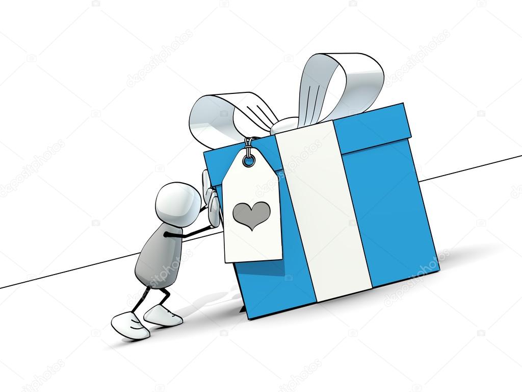 little sketchy man pushing a big blue gift box uphill