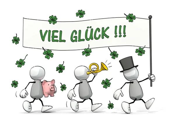 Little sketchy men running with good luck flag (german) — Stock Photo, Image