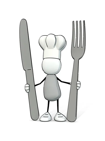 Little sketchy man with chef's cap and knife and fork — Stock Photo, Image