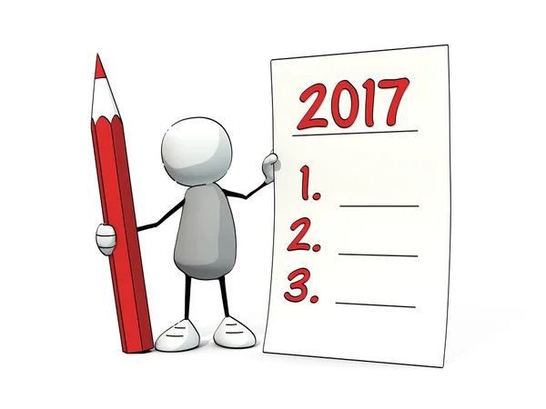 Pequeno homem esboçado com lápis vermelho fazendo boas resoluções para 2017 — Fotografia de Stock