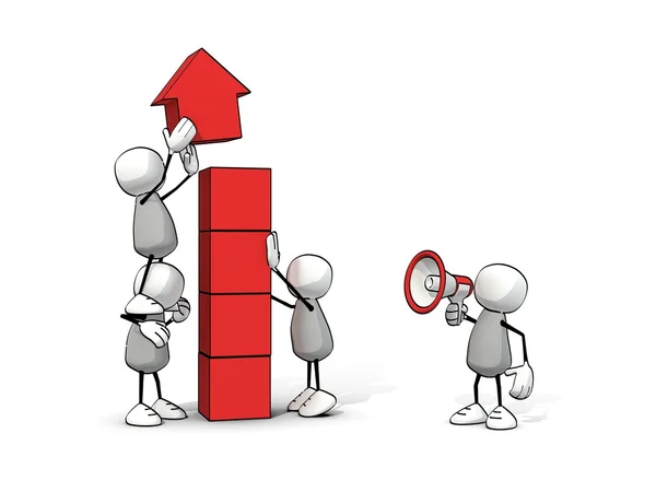 Little sketchy men - team building a red upwards arrow with blocks — Stock Photo, Image