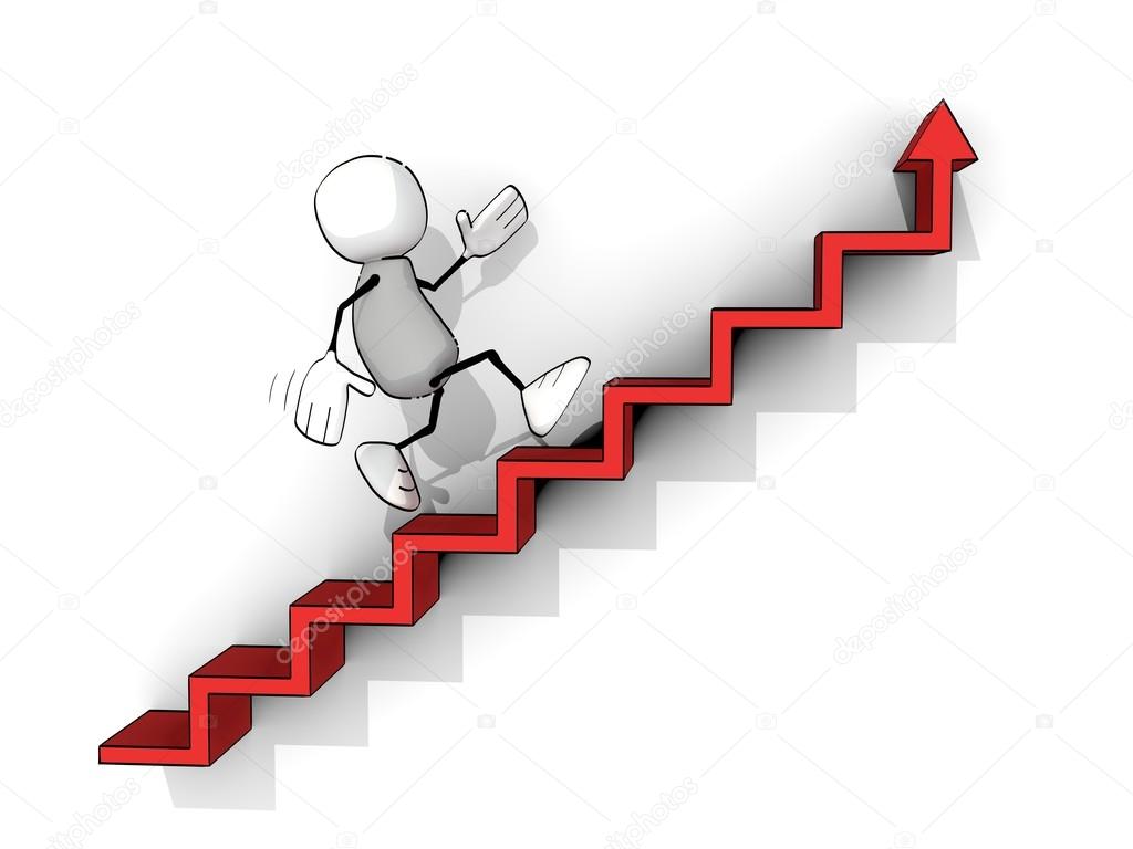 little sketchy man climbing up red stairs with up-arrow