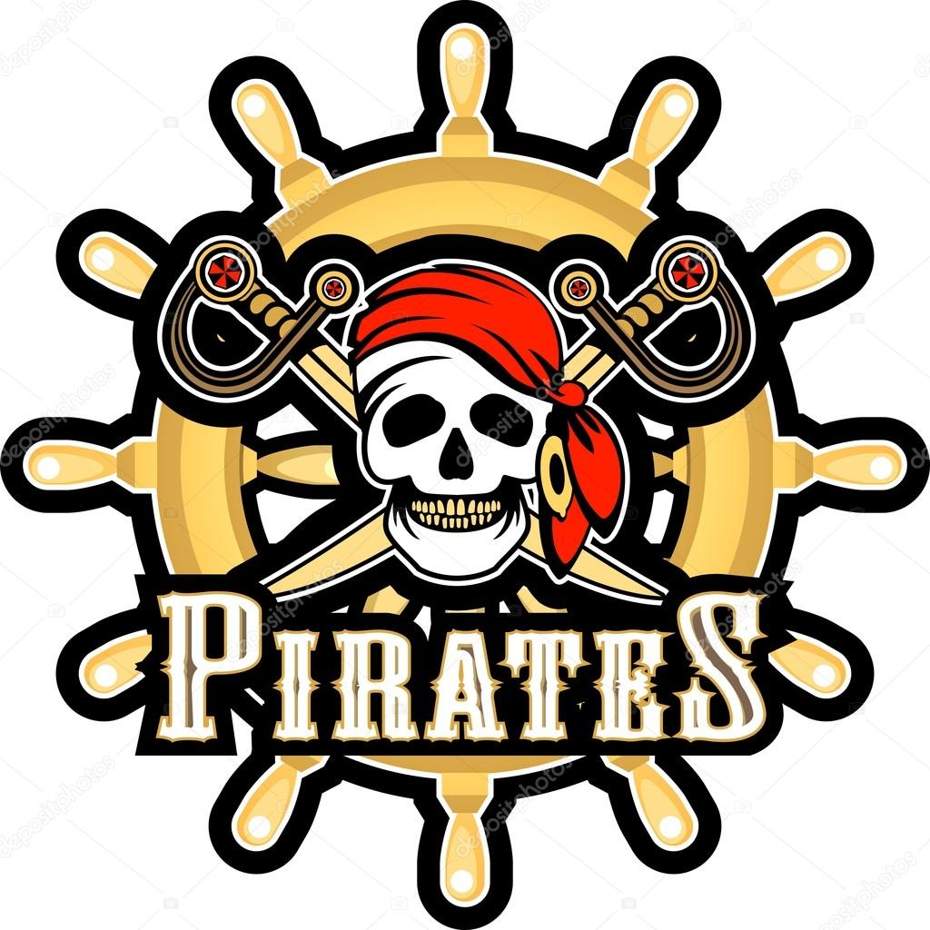 Sea pirate skull bandana on the background of the wheel, Jolly Roger logo on a white background