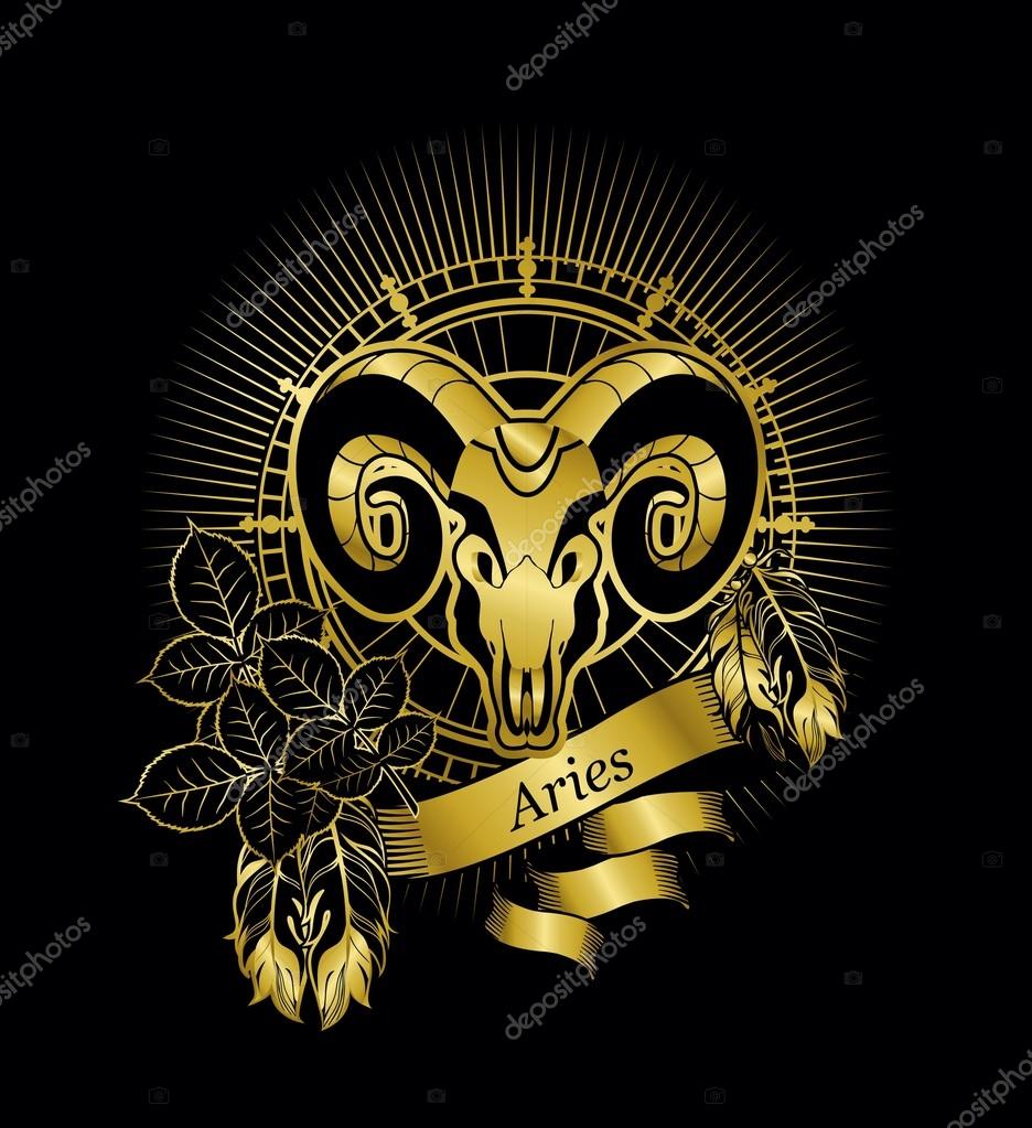 Vector illustration zodiac sign Aries emblem vintage frame with feathers on a black background gold