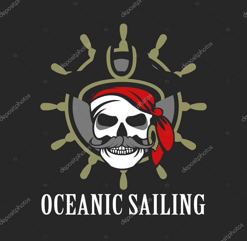 Vector skull emblem sea pirate on a background of the wheel