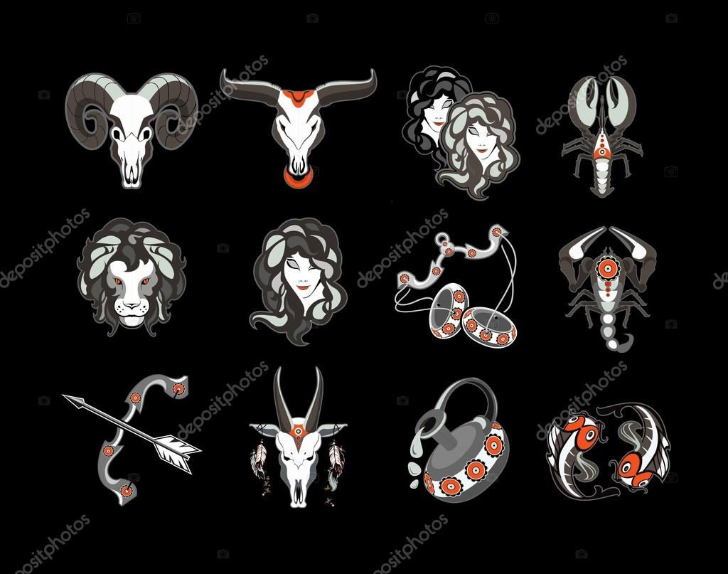 Set of vector signs of the zodiac on a black background