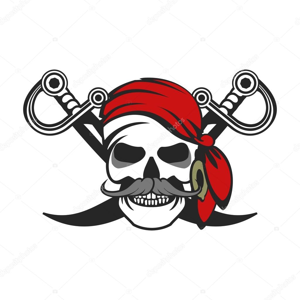Vector skull emblem sea pirate on a background of the wheel