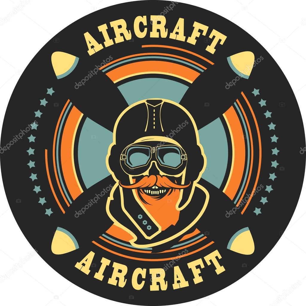 Vector emblem in retro style on a background of a dead pilot propeller aircraft, a skull wearing a helmet