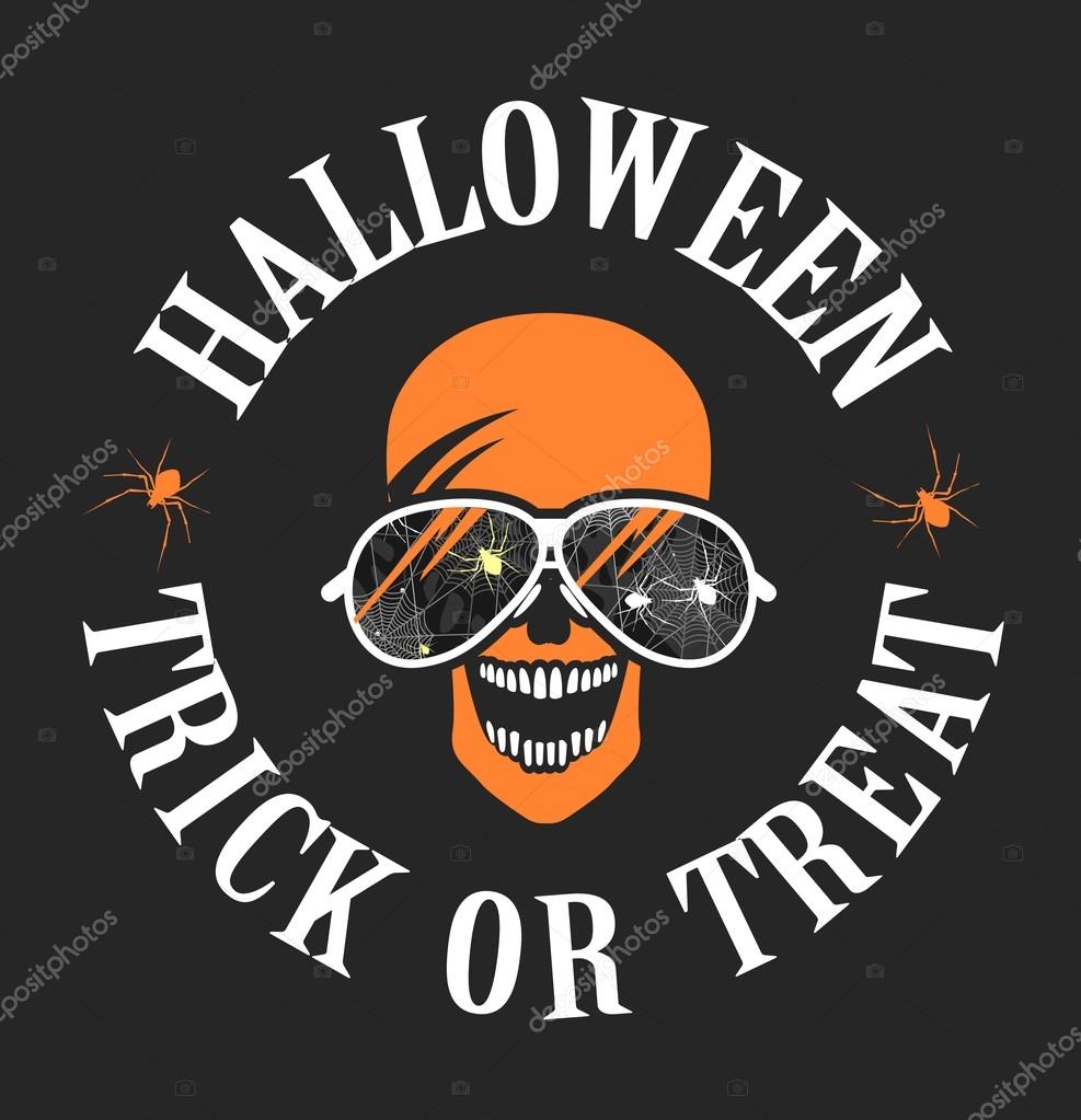 Vector illustration of a human skull with glasses and spiders Halloween is not a black background