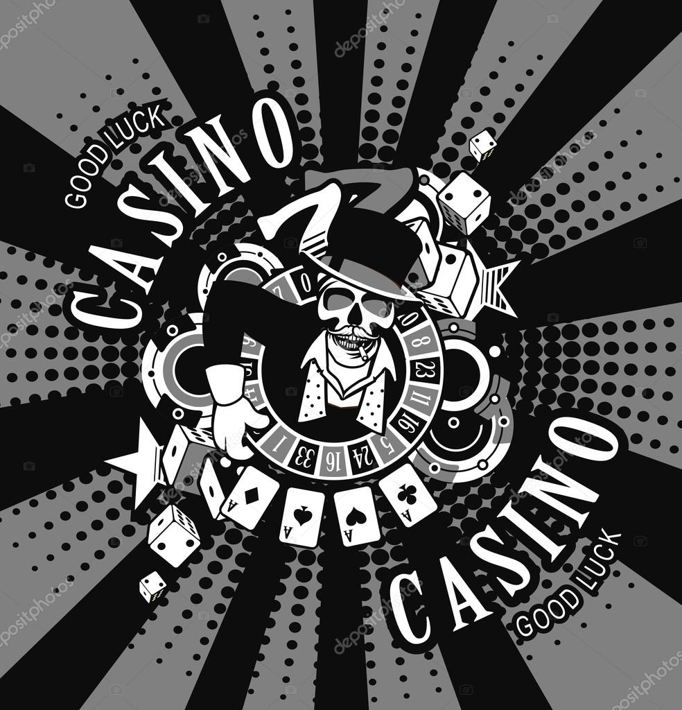 Vector emblem azarntny player, the spirit of good luck in the background poboedy attributes and good luck in the casino win black and white