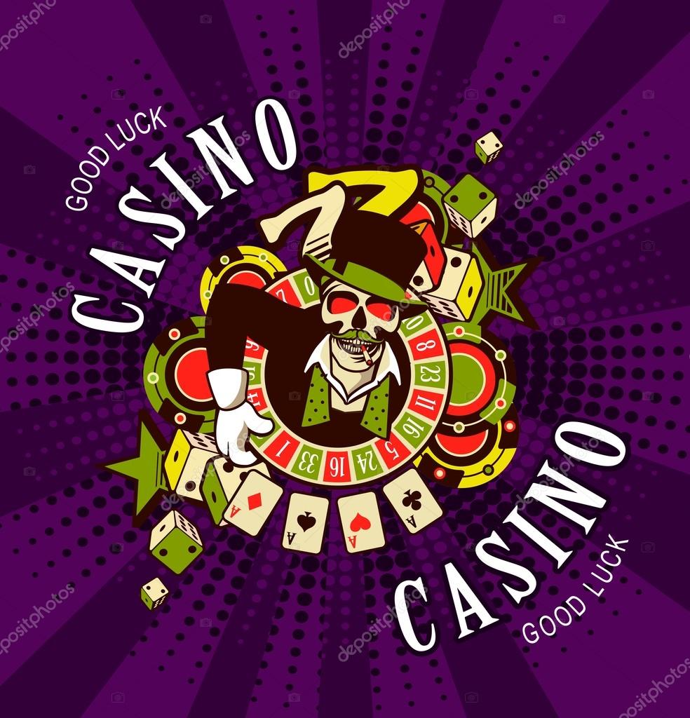 Vector emblem azarntny player, the spirit of good luck in the background poboedy attributes and good luck in the casino win