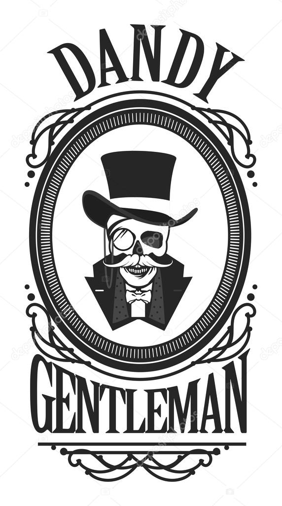 Vector illustration of a skull wearing a hat cylinder gentleman in black and white vintage frame