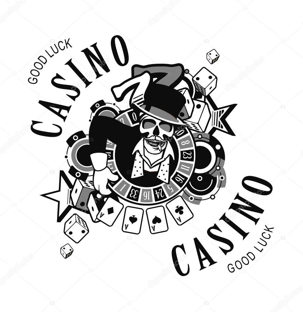 Vector emblem azarntny player, the spirit of good luck in the background poboedy attributes and good luck in the casino win black and white