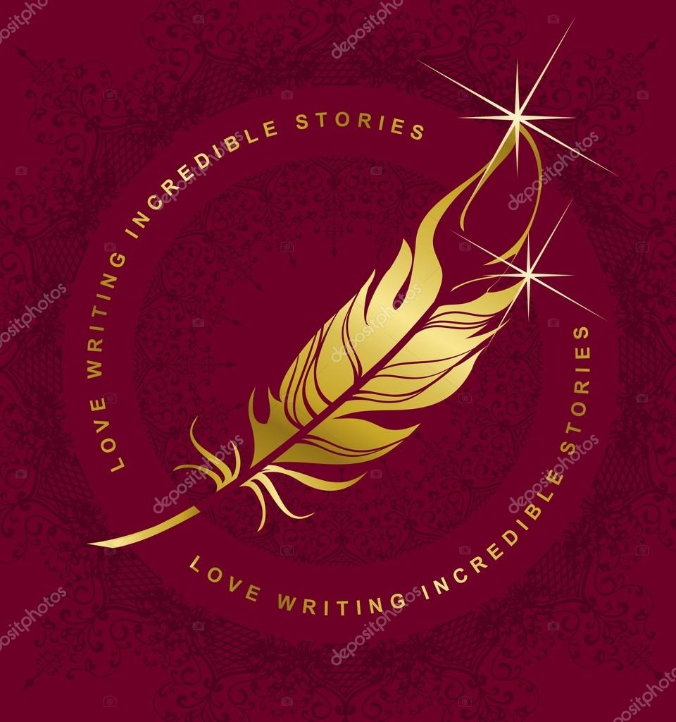 Vector emblem golden pen writing on a burgundy background, Marsala