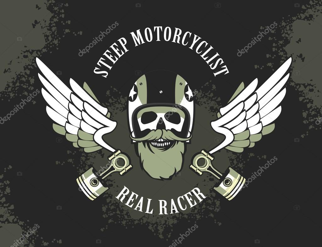 Vector emblem retro motorcyclist old skull in a motorcycle helmet on a gray black white