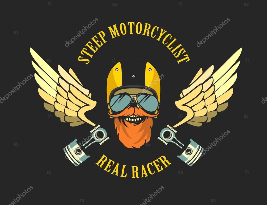 Vector emblem retro motorcyclist old skull in a motorcycle helmet on a black background