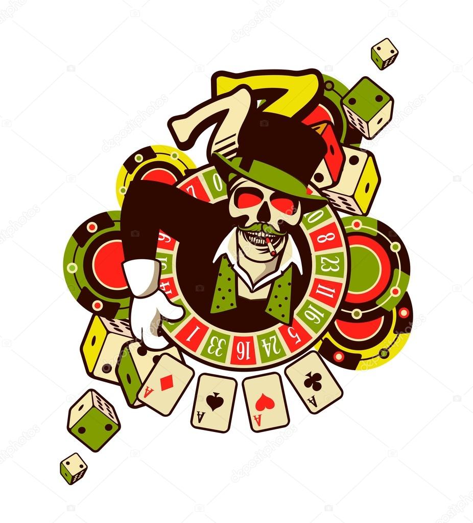 Vector emblem azarntny player, the spirit of good luck in the background poboedy attributes and good luck in the casino win