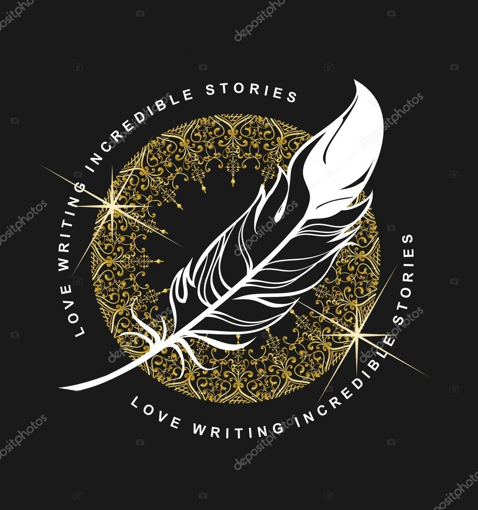 Vector emblem writing pen on a black background with an ornament