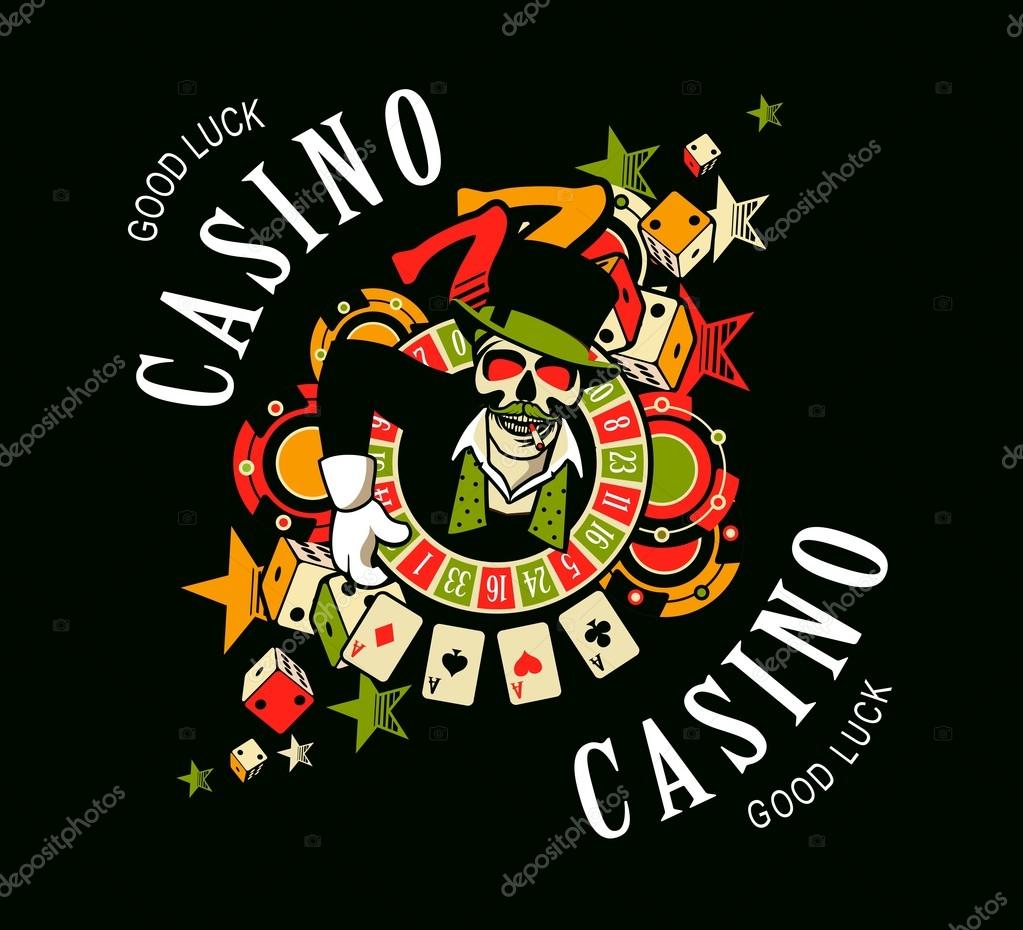 Vector emblem azarntny player, the spirit of good luck in the background poboedy attributes and good luck in the casino win