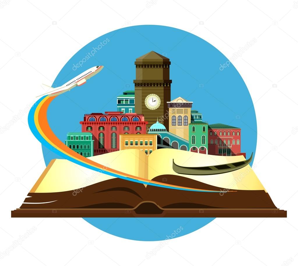 Vector illustration round emblem of the beautiful old castle on a background of an open book airplane taking off