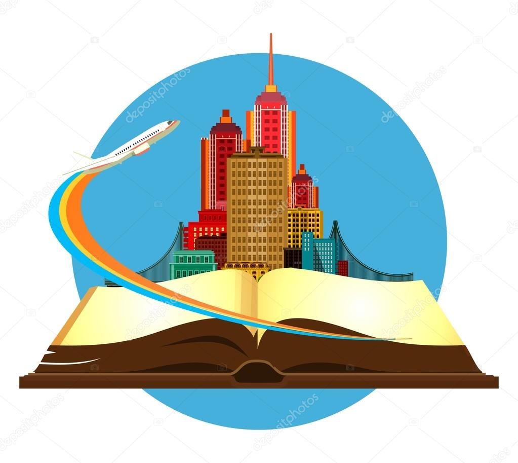 Vector illustration round emblem metropolis with a bridge on the open book of the aircraft taking off